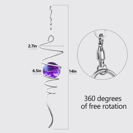 Gazing Ball Spiral Tail Wind Spinner Stabilizer, Garden Decorations Stainless Steel Metal with Hook & Purple Crystal Glass Orb Outdoor Hanging Decor Kinetic Yard 3D Swivel Art Sun Catchers