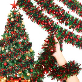 Christmas Tinsel Garland Xmas Party Metallic Tinsel Twist Garland Glitter Christmas Tree Hanging Wreath Decor for Staircase Railing Banister Indoor Outdoor Ornament (78.7 ft,Red and Green)