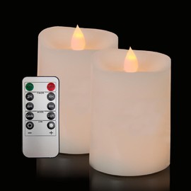 MISSTIME 3x4 Flickering Flameless Candles Set of 2,4 inch Real Wax LED 600 Hours Battery Candles with Timer Remote,Control for Valentines Day Wedding Party Holiday Indoor/Outdoor, Ivory