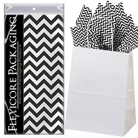 Flexicore Packaging White Kraft Paper Gift Bags & Black Gift Wrap Tissue Paper | Size: 8 Inch X 4.75 Inch X 10.5 Inch | Count: 5 Bags | Color: Black Chevron