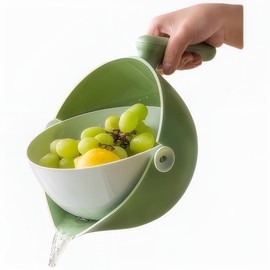 Elite Aiwei 2-1 Kitchen Colander Rotating Washing Basket with Handle-Pasta Strainer-fruit strainer-fruit washing bowl with strainer-fruit rinser strainer container (Avocado Green)