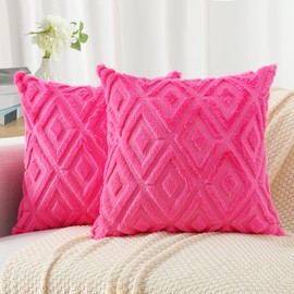Pallene Soft Faux Fur Throw Pillow Covers 18x18 Set of 2 - Plush Wool Decorative Couch Pillow Covers for Sofa Bed Living Room - with 3D Diamond Pattern - Hot Pink