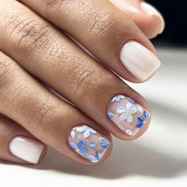 Blue White Flower Short Square Press on Nails with Solid Color Design, Glossy Gold Glitter Acrylic False Nails Gel Glue on Nails, Sparkly Manicure Art Fake Nails Stick on Nails for Women Girls