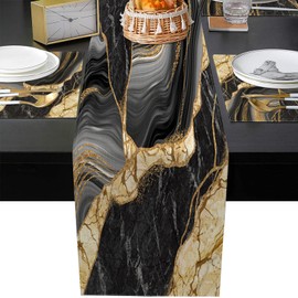 Emvency Marble Agate Black Golden Table Runner and Placemats Set of 6,Stone Gold Abstract Art Dining Decor for Daily Use(1 Table Runner 72 inches Long and 6 Placemats)