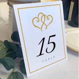 Linked Hearts and Border Wedding Table Numbers (Select Color/Quantity), White, Gold, 1-80, Double Sided, Tent or Use in a Stand, Great for Parties & Restaurants