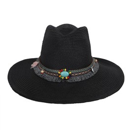 TINAYAUE Men's Western Cowboy Hats Summer Cowgirl Young Jazz Fedora Straw Sun Hat for Men Women Wide Roll up Brim Concert Music Festival Beach Cap Panama Trilby Hat Womens Travel Sun Visor Hat Black