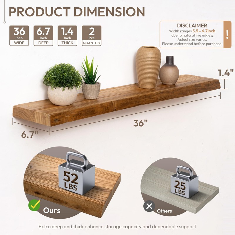Marsmiles 36 inch Floating Shelves for Wall Elm Wood Live
