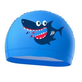 Kids Swimming Cap Elastic Cartoon Shark Swim Hat for Children Girls and Boys Swimming Cap for Age 4-10 Breathable Comfortable Stretch Polyester Fabric (Blue, Shark)