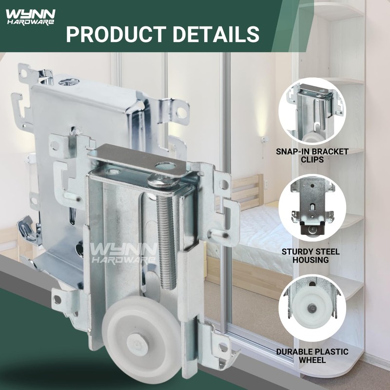 Wynn Hardware Steel-Framed Mirror Bottom Closet Door Roller Assembly Convex