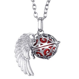Morella women’s guardian angel necklace stainless steel 70 cm with pendant angel’s wings and chime ball zirconia,in jewellery bag, Stainless Steel