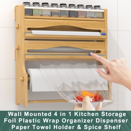 Foil Plastic Wrap Organizer Dispenser - Wall Mounted Bamboo Kitchen Paper Towel Holder with Spice Shelf,4 in 1 12" Roll Dispenser with Cutter