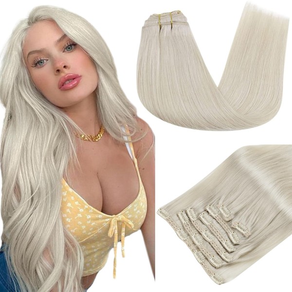 RUNATURE Real Hair Clip-In Extensions, White Blonde Silky Clip-In Extensions, Real Hair, Short Clip-in Straight Hair Extensions, Blonde, 30 cm #800 80 g