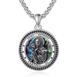 KATHLU St Anthony Medal Necklace for Wome Men Sterling Silver Saint Anthony Necklace with Abalone Shell Catholic Religious Jewelry Gifts