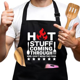 GOSJINNK Funny Grilling Aprons for Men, Hot Stuff Coming Through, Adjustable BBQ Cooking Black Chef Aprons with Pockets, Father's Day Gifts, Humor Grilling Gifts for Men Dad Husband Grandpa Friend