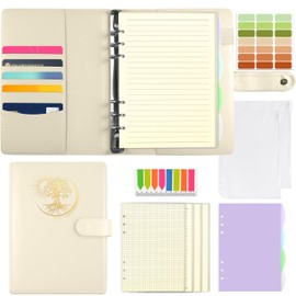 Qefuna A5 Ring Binder, A5 Refillable, PU Cover with Foil Embossing Sun Tree of Life Pattern, with 180 Sheets A5 Refill Paper, A5 Notebook with Pockets and Dividers, Beige