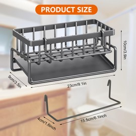 Slim Kitchen Sink Organiser, Durable Kitchen Organiser, Stainless Steel, Removable Dish Cloth Holder, Sink Organiser, Sink Organiser with Drip Tray, Black Kitchen Sponge Holder for Cloths (Grey)