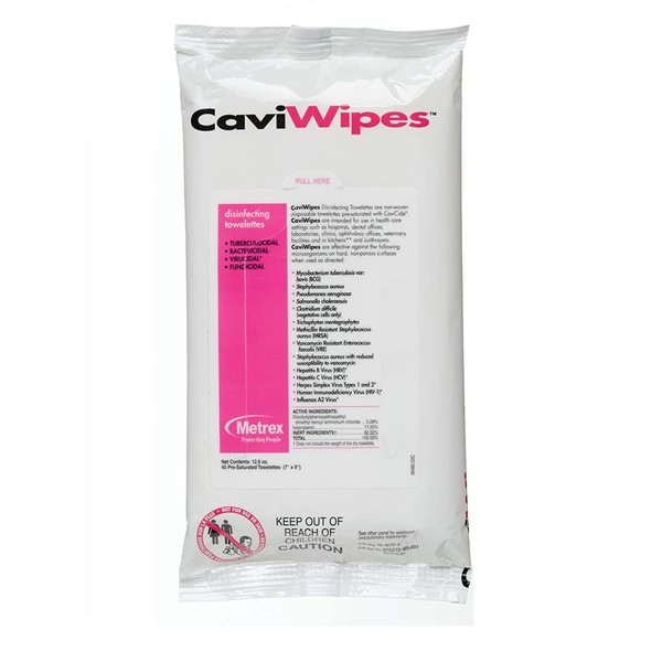 Metrex 13-1224 CaviWipes Surface Disinfectant Towelette Wipe, 7" Width, 9" Length (Pack of 45)