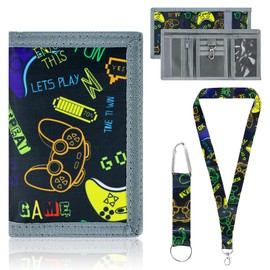 Fonyet Children's Neck Pouch Gamepad Pattern Purse Kids Boys with 2 Lanyards, Triple Foldable Wallet for Teenagers Boys, black, M, Cartoon
