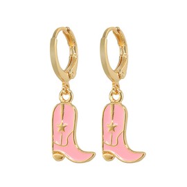 Cute Cowgirl Boot Hat Earrings Enamel Western Cowboy Dangle Drop Earrings-Pink