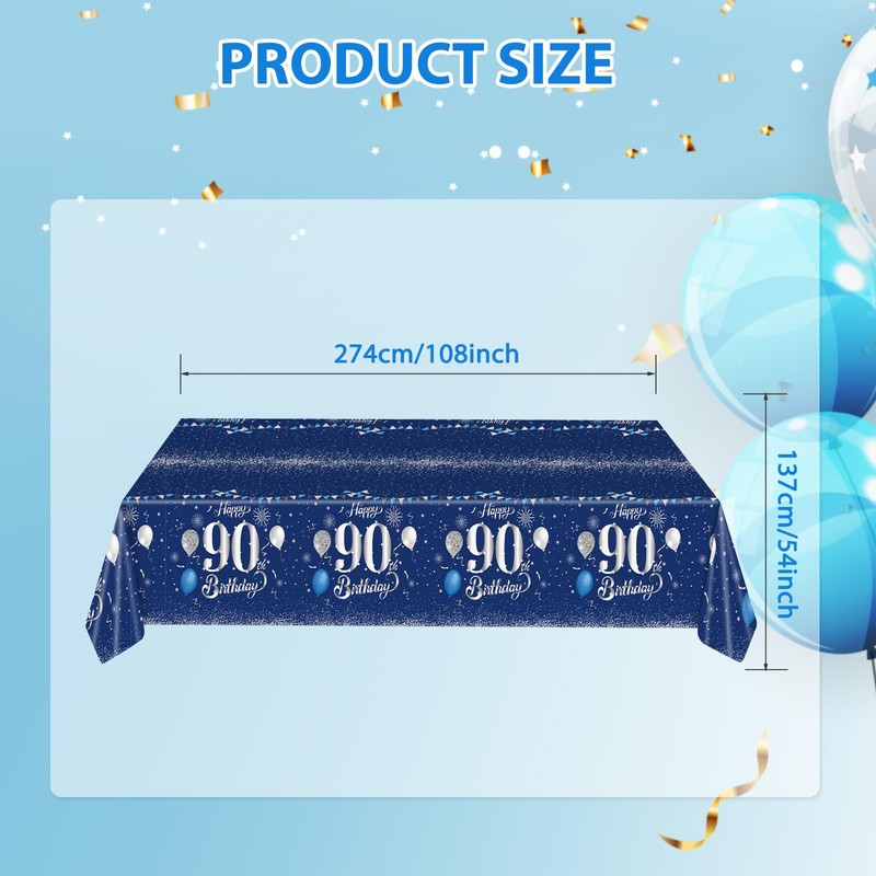 Xiliconie 3PCS 90th Birthday Tablecloth Blue and Silver Theme Party