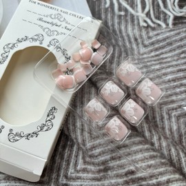 French Tip Press On Pink Fake Toenails With White Flowers Glitter Designs Cute False Toe Nails Short Square Glue On Summer Stick On Acrylic Artificial Toenails