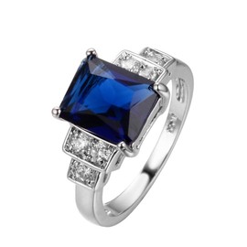 Sdouefos S925 Women's Square Diamond Ring Elegant Dark Blue Zircon Platinum Diamond Ring Eternal Engagement Wedding Jewelry (O)