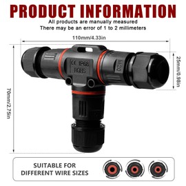 Cable Connector Waterproof 3 Pin, Pack of 4 Cable Connectors, Waterproof IP68, Waterproof Cable Connector, T-shape Junction Box, Terminal Box, Earth Cable Connector for Diameter 3-12 mm, Waterproof