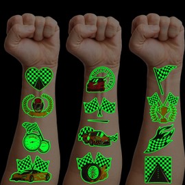 96 PCS Checkered Flag Race Car Pre-Cut Luminous Temporary Tattoos for Kids | Super Cute Themed Birthday Party Favors, Supplies, Decorations, Fake Tattoo Stickers