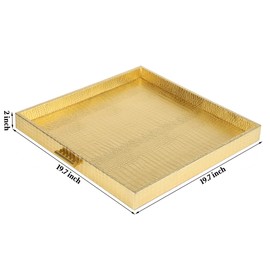 HofferRuffer Elegant Decorative Serving Tray, 20"x20" Square Faux Leather Ottoman Tray with Gold Hardware Handles, Coffee Table Serve Tea, Coffee or Breakfast (Gold, Square-20 inch)