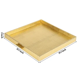 HofferRuffer Elegant Decorative Serving Tray, 20"x20" Square Faux Leather Ottoman Tray with Gold Hardware Handles, Coffee Table Serve Tea, Coffee or Breakfast (Gold, Square-20 inch)