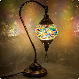 Yarra-Decor Turkish Moroccan Lamp with Bronze Base 3-Way Color Changing Handmade Swan Neck Tiffany Mosaic Glass Bedside Lamps for Bedroom (LED Bulb Included) (Colorful)