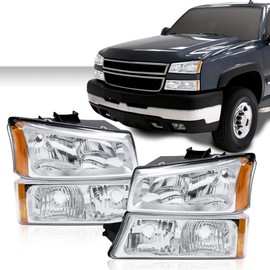 ANDPLAY Headlights Assembly Compatible with 2003 2004 2005 2006 Chevy Avalanche Silverado 1500 2500 3500 1500 HD 2500 HD Bumper Headlamp, Clear Lens Chrome Housing Amber Reflector w/o Bulb