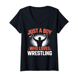 Womens Just A Boy Who Loves Wrestling Wrestler Funny V-Neck T-Shirt