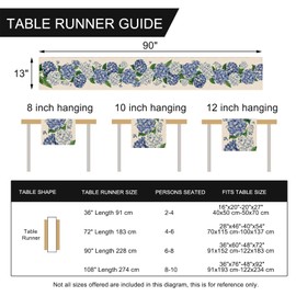 Seliem Spring Hydrangea Floral Flowers Table Runner, Blue Butterfly Kitchen Dining Table Decor, Seasonal Summer Burlap Home Decoration Indoor Outdoor Party Supply 13 x 90 Inches