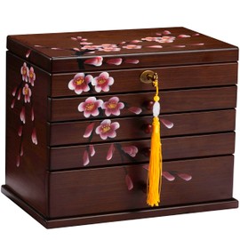 Xloverise Vintage hand-drawn Jewelry Box Wood, 5-Layer Wooden Jewelry Organizer Boxes with 4 Drawers, Multi-functional Jewelry Storage Case for Wowen with lock