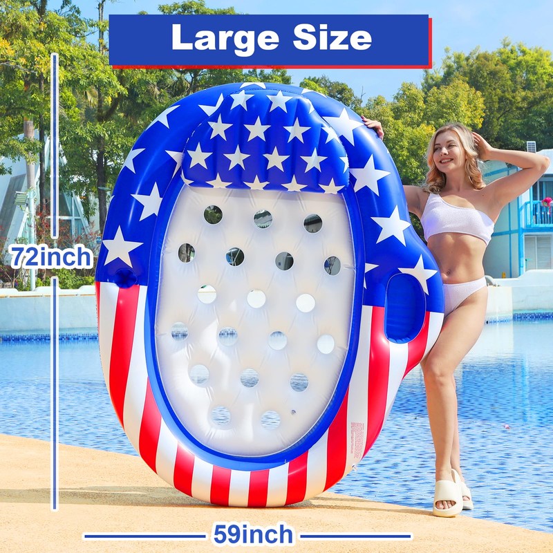 72"x59" Patriotic Pool Lounger Float with ​Detachable Headrest, ​Double Snack