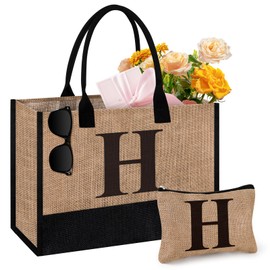 Initial Jute Tote Bag & Makeup Bag, Birthday Gifts for Women Her Mom Teachers Friends, Brown