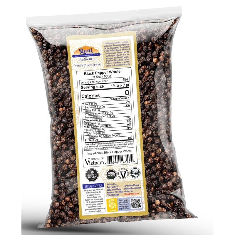 Rani Black Pepper Whole (Peppercorns), Premium MG-1 Grade 3.5oz (100g)