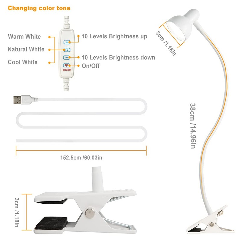 Clip on Lamp USB Reading Light, 3 Color Modes, 10