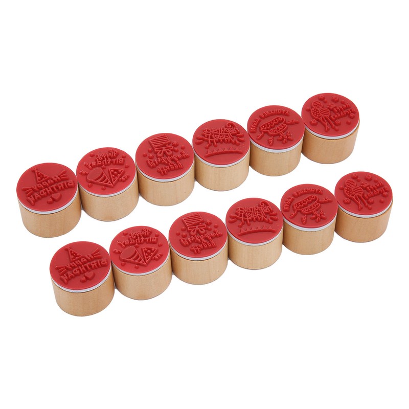 12Pcs Birthday Stamps Wooden Handle Assorted Style Clear Pattern Wooden