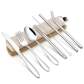 LIANYU 9-Piece Travel Utensils Silverware Set, Stainless Steel Knife Fork Spoon, Chopsticks, Metal Straws, Cleaning Brush, Wheat Case and Bag