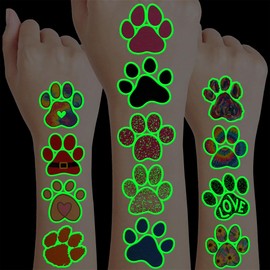 96PCS Dog Cat Paw Print Puppy Pre-Cut Temporary Tattoos for Kids Themed Birthday Party Decorations Supplies Decor Favors Super Cute Animal Tattoo Stickers (Luminous)