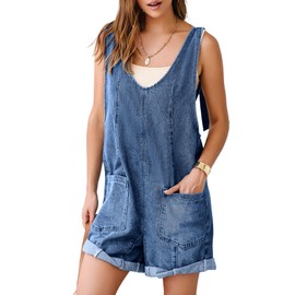 Simplee Womens Casual Sleeveless V Neck Denim Romper Overall Shorts Fall High Roller Shortalls Short Jumpsuits With Pocket(Dark Denim Blue L)