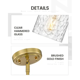 zeyu Modern 1 Light Hanging Lamp, Hanging Lighting Fixture Set of 2, Gold Pendant Light with Clear Hammered Glass, Brushed Gold Finish, ZJF63MIL-2PK BG