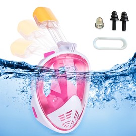 mizikuu Kids Full Face Snorkel Mask, 180° View Snorkelling Gear with Panoramic Full Face Design Kids Snorkel Mask Anti-Fog Anti-Leak Dry Top Diving Mask Snorkeling Gear for Kids Snorkeling Set (Pink)