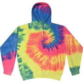 Colortone Tie Dye Pullover Hoodie for Women and Men, Neon Rainbow, Medium