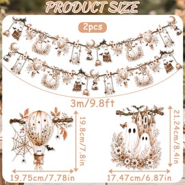 2Pcs Halloween Ghost Garland Double-Sided Autumn Hanging Decorations with Ghost Pumpkin Spider Web, Waterproof PET Halloween Garland for Party, Home, Mantel, Office and Outdoor Décor