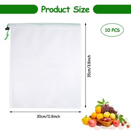 Pack of 10 Mesh Bags with Drawstring, 35 x 30 cm, Reusable, Washable, Portable Drawstring Mesh Bags, Foldable for Food, Vegetables, Fruits, Bakery, Household, Toys, Small Parts (Translucent), Green,