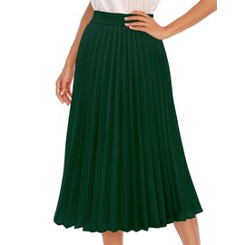 DRESSTELLS Pleated Midi Skirts for Women, Aline Long High Elastic Waisted Summer Flowy Chiffon Swing Skirt, Darkgreen, Large