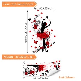 Elegant Ballet Dancer Wall Sticker - Featuring Red Dress, Butterflies&Roses,Easy Peel&Stick,Removable&Reusable wall sticker,DIY Wall Decals perfect for Kids room,Girls Room,Home Wall and Nursery Décor